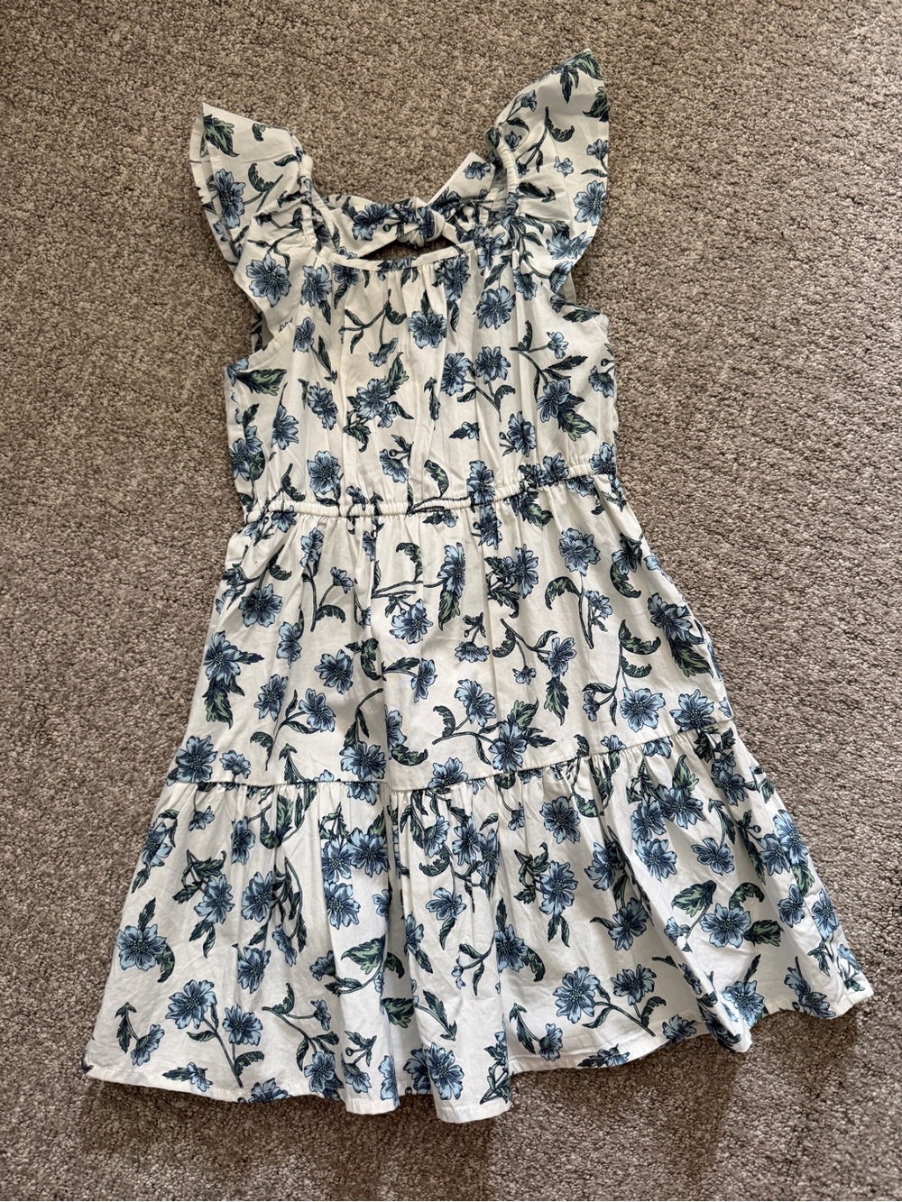 JCrew Girls Floral Ruffle-Shoulder Dress - White with Blue Floral